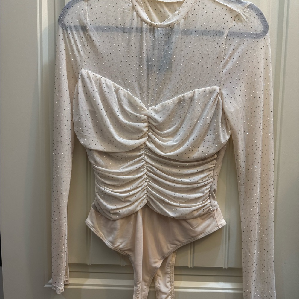 Lulu's Cream Ruched Bodysuit with Sparkle